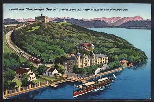 AK Leoni am Starnberger See, Ortsansicht mit Drahtseilbahn und Dampfer