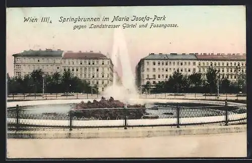 AK Wien, Springbrunnen im Maria Josefa-Park gegen Landstrasser Gürtel und Fasangasse