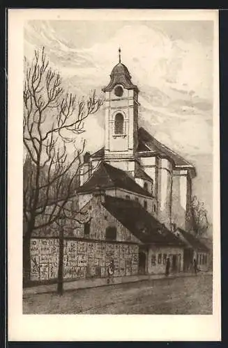 Künstler-AK Wien, Erdbergstrasse mit Pfarrkirche St. Peter und Paul