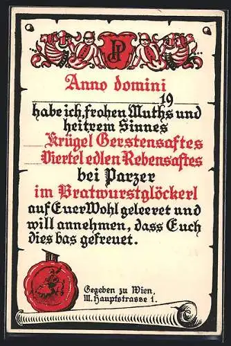 AK Wien, Urkunde Restaurant Bürgertheater, Hauptstrasse 1