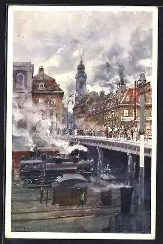 Künstler-AK Franz Kopallik: Wien, An der Stadtbahn, Hauptzollamt, Eisenbahn