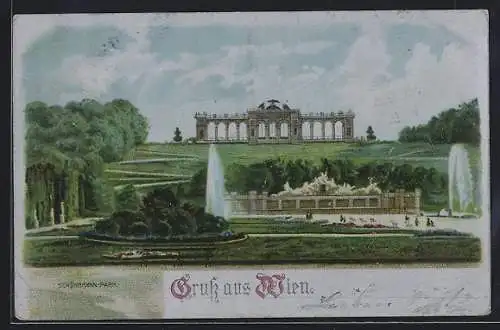 Lithographie Wien, Schönbrunn-Park, Springbrunnen