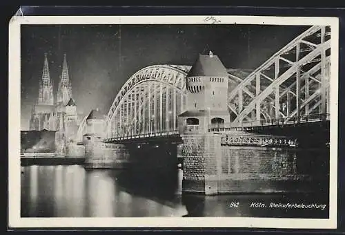 AK Köln, Rheinufer mit Beleuchtung