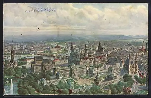AK Dresden, Zeppelin-Ansicht vom Zwinger, Opernhaus, Schloss, Umgebung