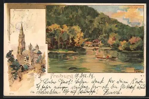 Lithographie Freiburg i. B., Waldsee und Münster