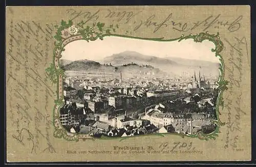 AK Freiburg i. B., Blick vom Schlossberg auf die Vorstadt Wiehre und den Lorettoberg