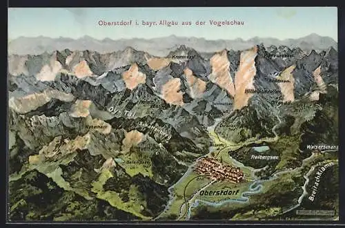 Künstler-AK Eugen Felle: Oberstdorf /Bay., Gesamtansicht mit Bergen der Umgebung aus der Vogelschau