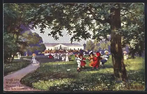 AK Wien-Schönbrunn, Wallner`s Meierei Tivoli, Tanzende Kinder auf der Wiese
