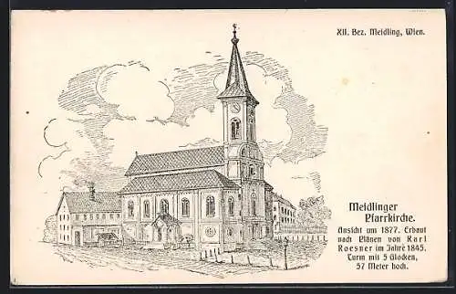 Künstler-AK Wien, Meidlinger Pfarrkirche mit Beschreibung