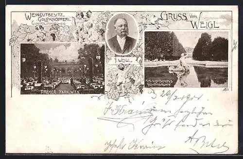 AK Wien, Weigl`s Gasthof Dreher Park, Weingutbesitz Goldknöpferl, K. k. Lustschloss Schönbrunn