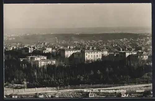 AK Wien, Baumgartnerhöhe, Ortsansicht mit Fernblick aus der Vogelschau