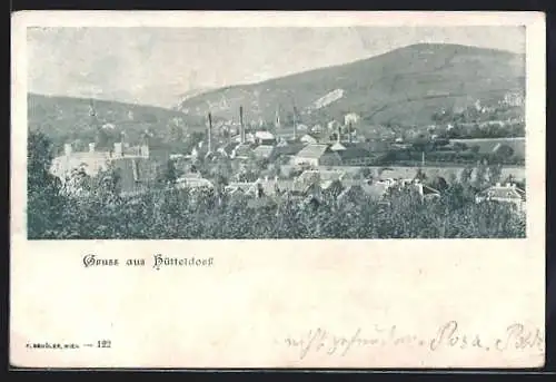 AK Wien, Hütteldorf, Ortsansicht mit Bergpanorama, von oben gesehen