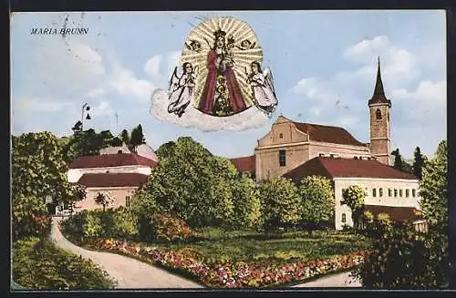 AK Wien, Maria Brunn, Kirche mit Umgebung und schwebender Madonna