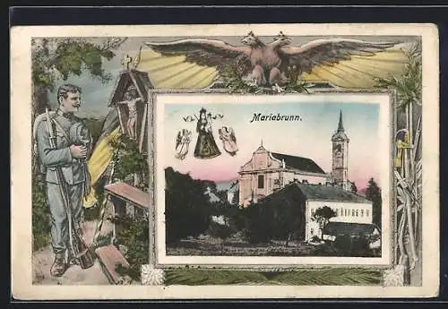 Künstler-AK Wien, Maria-Brunn, Kirche mit schwebender Maria, Betender Soldat vor Marterl, Doppeladler