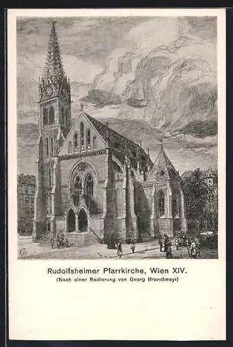 Künstler-AK Wien, Rudolfsheim, Rudolfsheimer Pfarrkirche mit Umgebung