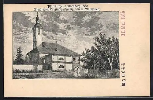 Künstler-AK Wien, Dornbach, Pfarrkirche im Jahr 1880