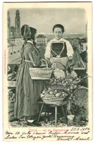 Relief-AK Zürich, Frauen in Tracht auf der Gemüsebrücke
