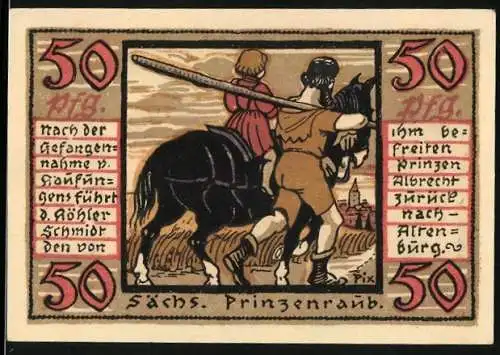 Notgeld Altenburg, 1921, 50 Pfennig, Sächsischer Prinzenraub und Stadtmauer mit Hand und Blume