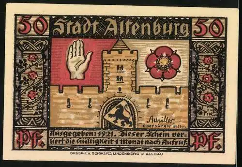 Notgeld Altenburg, 1921, 50 Pfennig, Sächsischer Prinzenraub und Stadtmauer mit Hand und Blume