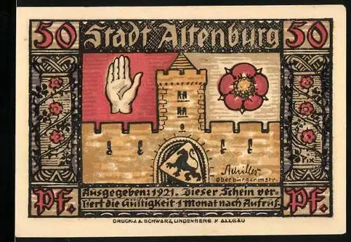 Notgeld Altenburg, 1921, 50 Pfennig, Stadt Altenburg mit Hand und Rose, Sächs. Prinzenraub von 1455