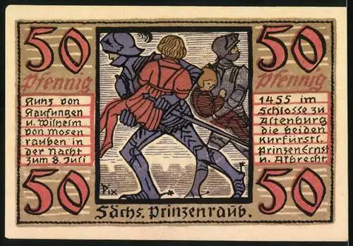 Notgeld Altenburg, 1921, 50 Pfennig, Stadt Altenburg mit Hand und Rose, Sächs. Prinzenraub von 1455