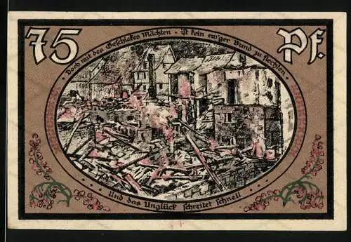 Notgeld Wasungen 1921, 75 Pf, Brandnotgeld mit Rathaus und zerstörter Stadtansicht