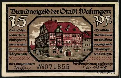 Notgeld Wasungen 1921, 75 Pf, Brandnotgeld mit Rathaus und zerstörter Stadtansicht