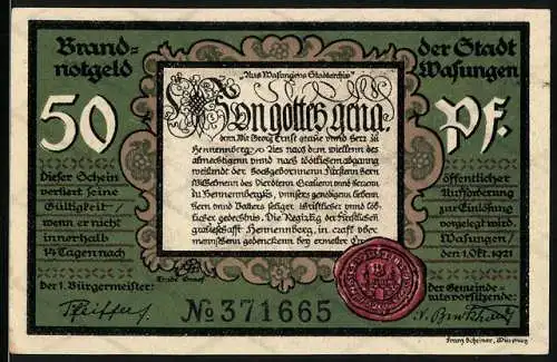 Notgeld Wasungen 1921, 50 Pf, Brandnotgeld der Stadt Wanfried, mit Stadtansicht in Ruinen