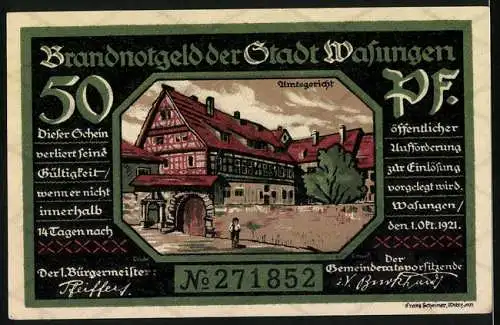 Notgeld Wasungen, 1921, 50 Pf, Stadtansicht und Feuertrümmer, Brandnotgeld der Stadt Wasungen