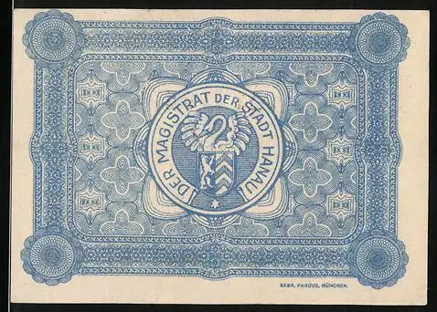 Notgeld Hanau 1917, 10 Pfennig, Gutschein mit blauem Muster und Wappen der Stadt