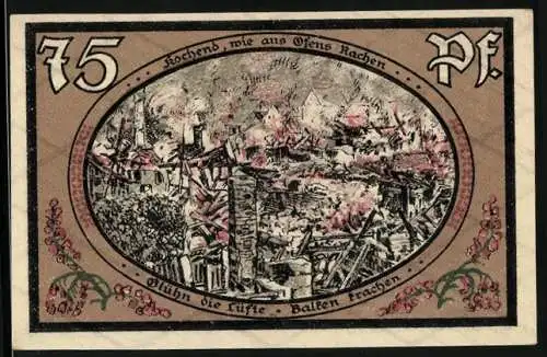 Notgeld Wasungen 1921, 75 Pf, Brandnotgeld mit brennenden Gebäuden und Gebäudeansicht