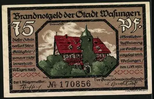 Notgeld Wasungen 1921, 75 Pf, Brandnotgeld mit brennenden Gebäuden und Gebäudeansicht