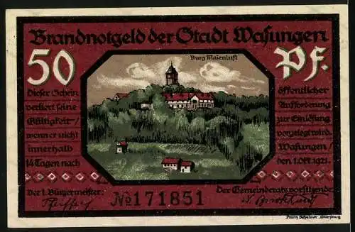 Notgeld Wasungen 1921, 50 Pf, Brandnotgeld der Stadt Wanfried, Burg Madelungen und zerstörte Stadtansicht