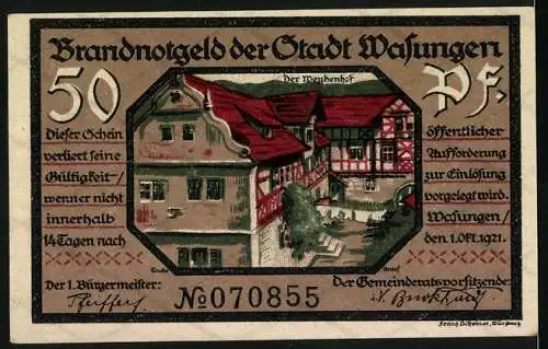 Notgeld Wasungen 1921, 50 Pf, Vorderseite zeigt zerstörte Stadt, Rückseite mit Mehlhof