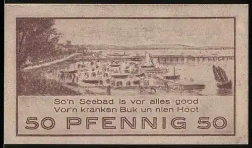 Notgeld Niendorf, 1921, 50 Pfennig, Seebad mit Spruch und Gültigkeitshinweis