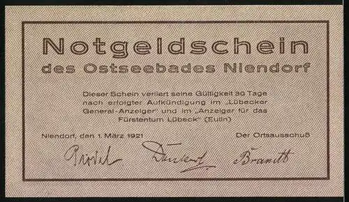 Notgeld Niendorf, 1921, 50 Pfennig, Seebad mit Spruch und Gültigkeitshinweis