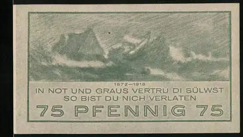 Notgeld Ostseebad Niendorf 1921, 75 Pfennig, in Not und Graus vertraue di sülwst so bist du nich verlassen