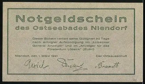 Notgeld Ostseebad Niendorf 1921, 75 Pfennig, in Not und Graus vertraue di sülwst so bist du nich verlassen