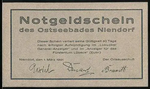 Notgeld Niendorf, 1921, 25 Pfennig, Küstenlandschaft und Gedicht in Plattdeutsch