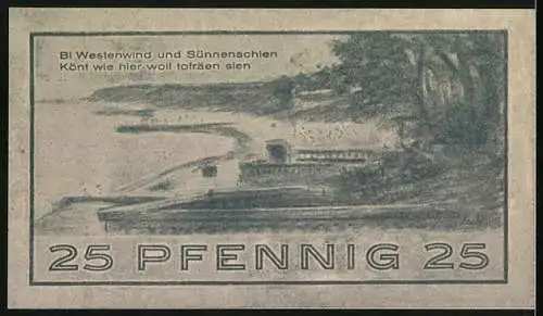 Notgeld Niendorf, 1921, 25 Pfennig, Küstenlandschaft und Gedicht in Plattdeutsch