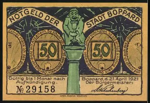 Notgeld Boppard, 1921, 50 Pfennig, Die lustige am Rhein, gültig bis 1 Monat nach Aufkündigung