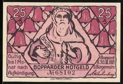 Notgeld Boppard, 1921, 25 Pfennig, Gültig bis 1 Monat nach Aufkündigung, Stadt Boppard, Gedicht auf Rückseite