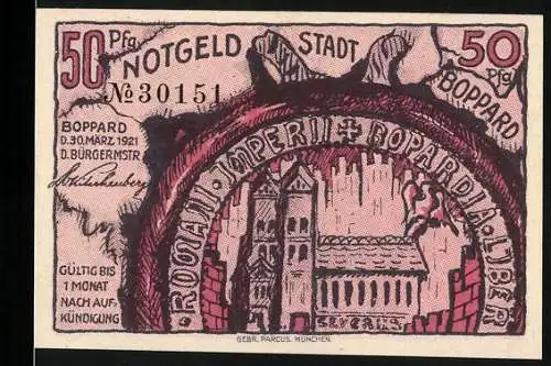 Notgeld Boppard, 1921, 50 Pfennig, Stadtmotive und Wappen, gültig bis 1 Monat nach Kündigung