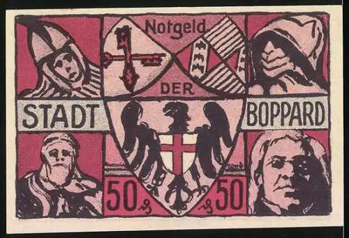 Notgeld Boppard, 1921, 50 Pfennig, Stadtmotive und Wappen, gültig bis 1 Monat nach Kündigung