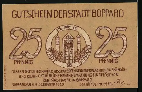 Notgeld Boppard, 1920, 25 Pfennig, Stadtansicht und Stadttor mit Jahreszahl 1216