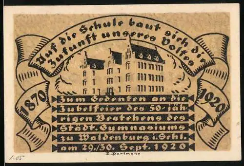 Notgeld Waldenburg 1920, 50 Pfennig, zum 50-jährigen Bestehen des Stadt-Gymnasiums, Gebäude und Inschrift