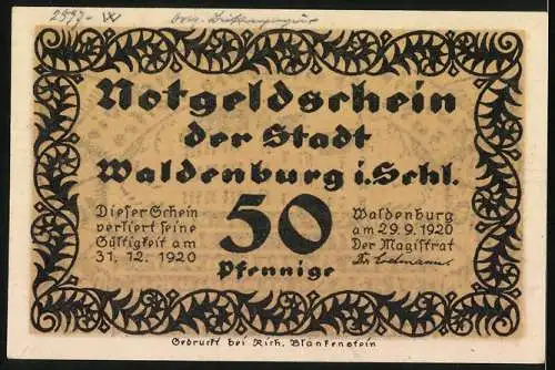 Notgeld Waldenburg 1920, 50 Pfennig, zum 50-jährigen Bestehen des Stadt-Gymnasiums, Gebäude und Inschrift