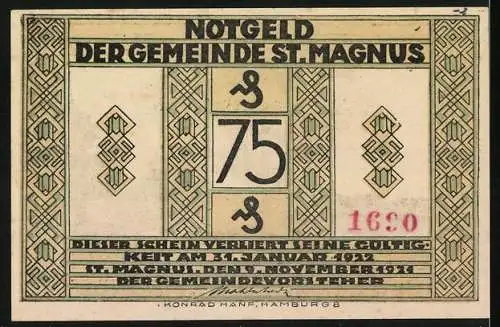 Notgeld St. Magnus, 1921, 75 Pfennig, Lesumdal Bremer Schweiz und Verzierungen