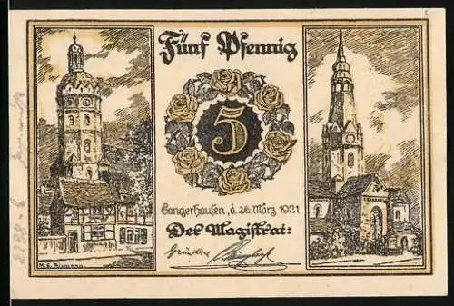 Notgeld Sangerhausen 1921, 5 Pfennig, Türme und Kobermännchen, Rosenstadt