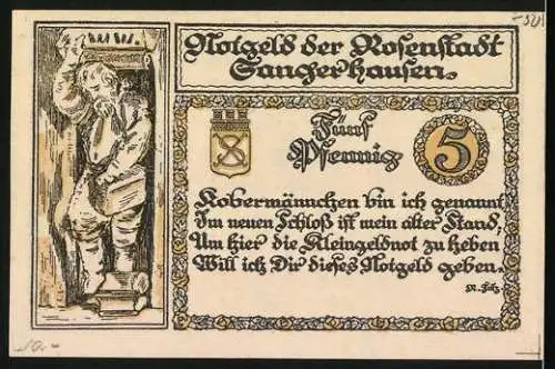 Notgeld Sangerhausen 1921, 5 Pfennig, Türme und Kobermännchen, Rosenstadt